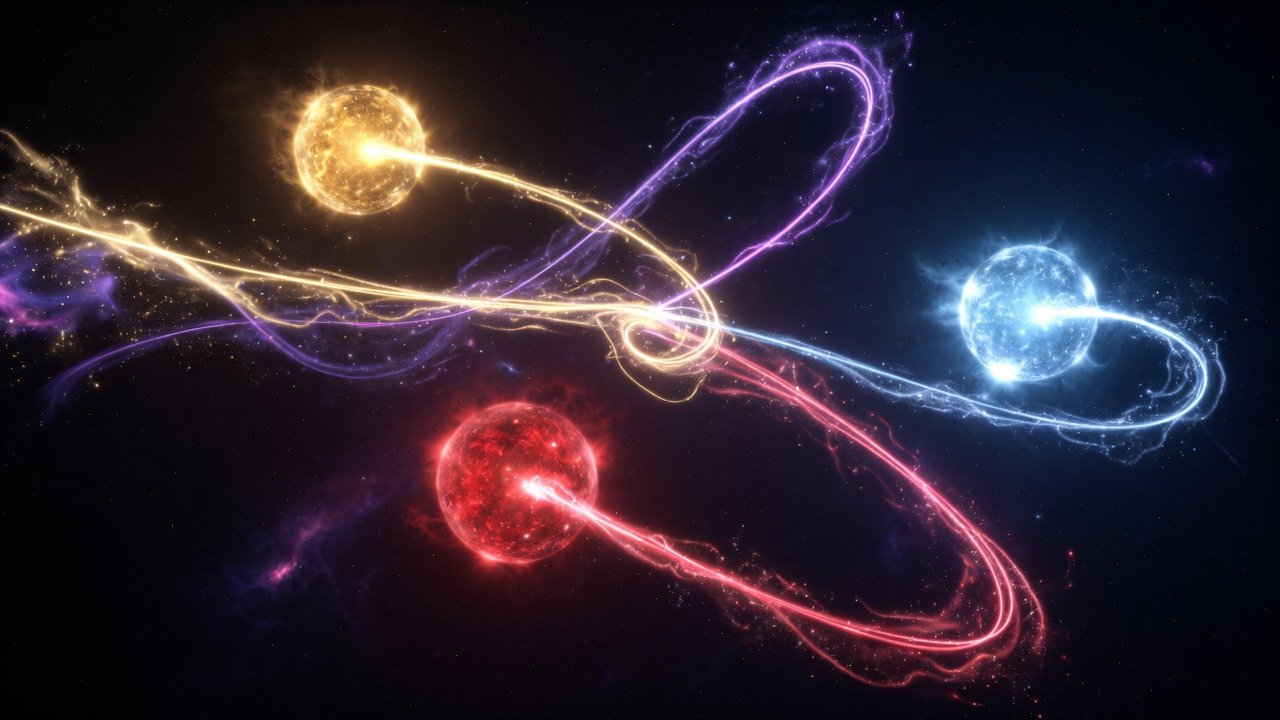 Three glowing suns with braided chaotic trails