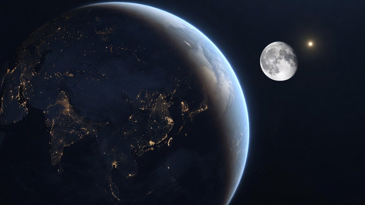 Earth and Moon from space, Sun as a distant point